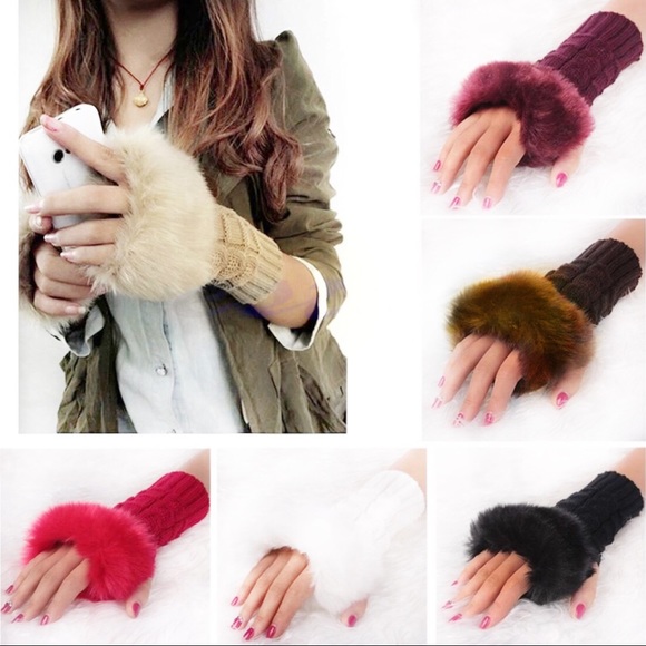 NEW Black Faux Fur Crochet Knit Fingerless Gloves - Picture 2 of 3